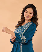 Women Teal Blue Floral Embroidered Peplum Top