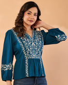 Women Teal Blue Floral Embroidered Peplum Top