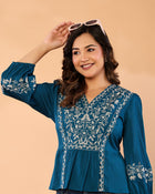 Women Teal Blue Floral Embroidered Peplum Top