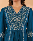 Women Teal Blue Floral Embroidered Peplum Top