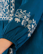 Women Teal Blue Floral Embroidered Peplum Top