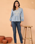 Celeste Bloom – Premium Crape Embroidered V-Neck Top