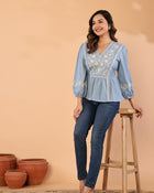 Celeste Bloom – Premium Crape Embroidered V-Neck Top