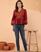 Women V-Neck Embroidered Western Top