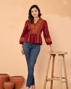 Women V-Neck Embroidered Western Top