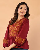 Women V-Neck Embroidered Western Top