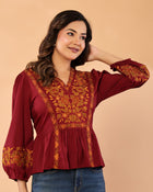 Women V-Neck Embroidered Western Top