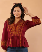 Women V-Neck Embroidered Western Top