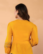 Women’s Mustard Embroidered Crape Top with V-Neck
