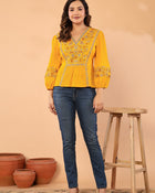 Women’s Mustard Embroidered Crape Top with V-Neck
