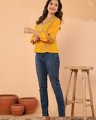 Women’s Mustard Embroidered Crape Top with V-Neck