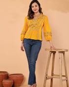 Women’s Mustard Embroidered Crape Top with V-Neck