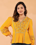 Women’s Mustard Embroidered Crape Top with V-Neck