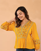 Women’s Mustard Embroidered Crape Top with V-Neck