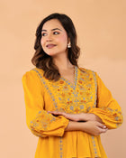 Women’s Mustard Embroidered Crape Top with V-Neck