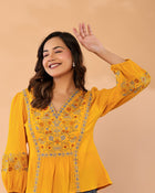 Women’s Mustard Embroidered Crape Top with V-Neck