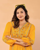Women’s Mustard Embroidered Crape Top with V-Neck