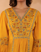 Women’s Mustard Embroidered Crape Top with V-Neck