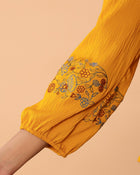 Women’s Mustard Embroidered Crape Top with V-Neck