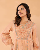 Women Peach Floral Embroidered Cotton Peplum Top