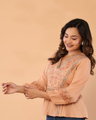 Women Peach Floral Embroidered Cotton Peplum Top