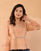 Women Peach Floral Embroidered Cotton Peplum Top