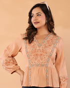 Women Peach Floral Embroidered Cotton Peplum Top