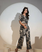 Black Tropical Printed Co-ord Set for Women – Crop Top & Pants