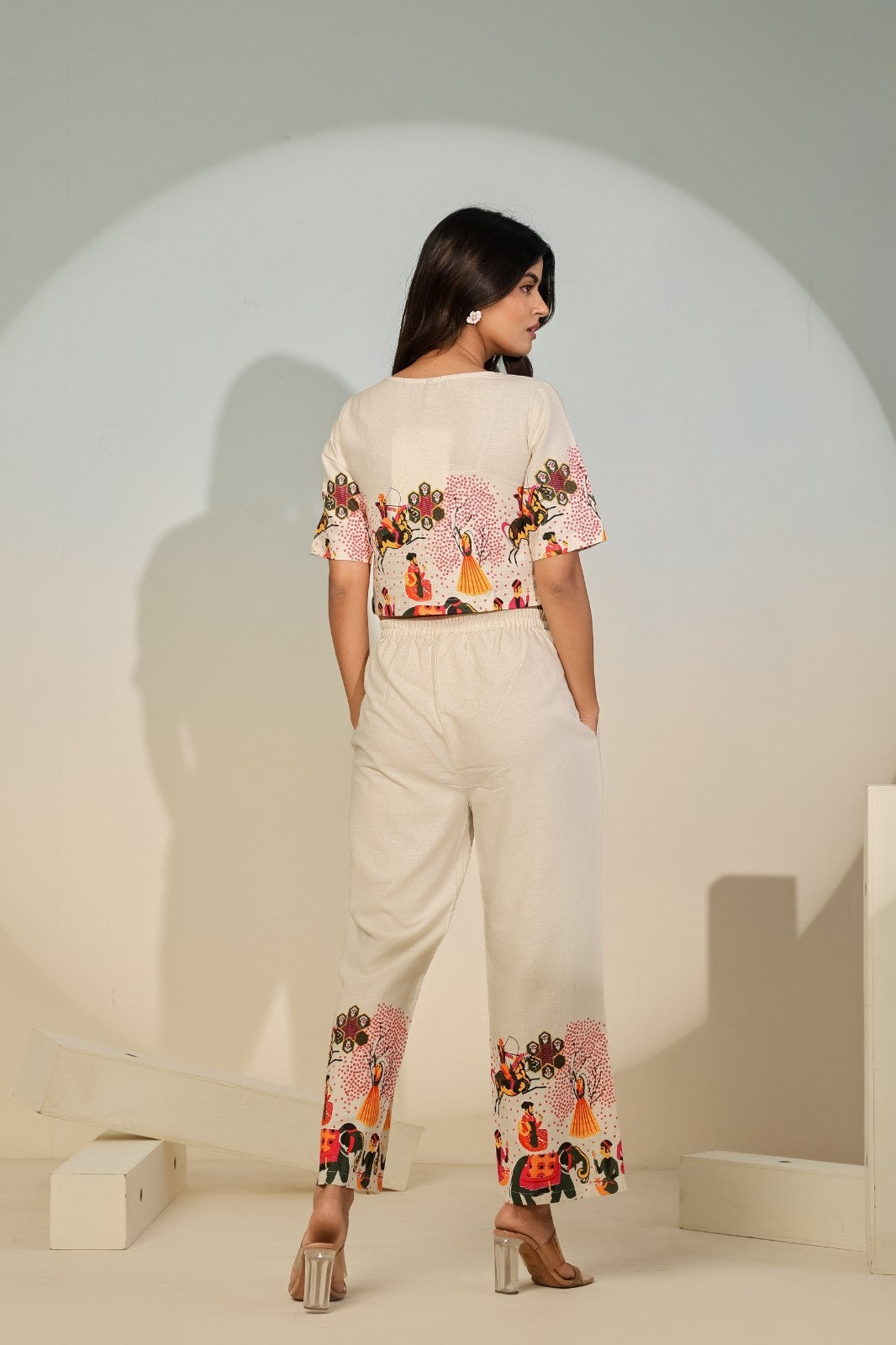 Women’s Creme Ethnic Print Co-ord Set – Stylish Crop Outfit