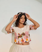 Women’s Creme Ethnic Print Co-ord Set – Stylish Crop Outfit