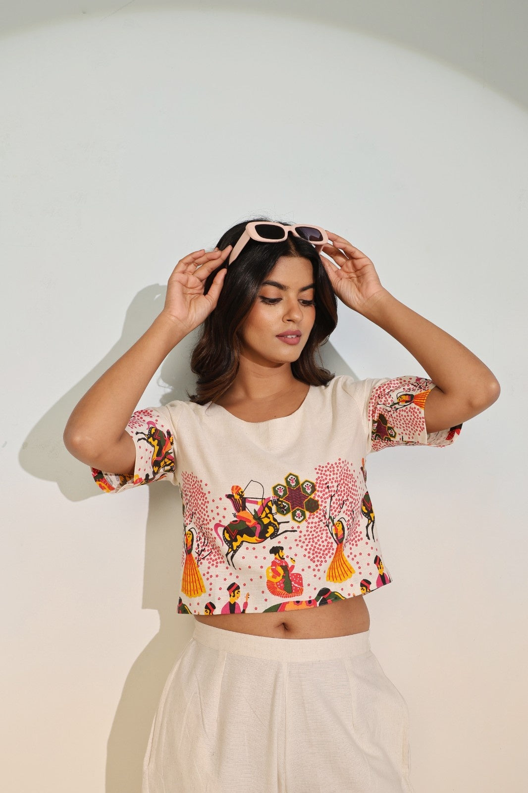 Women’s Creme Ethnic Print Co-ord Set – Stylish Crop Outfit