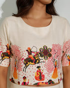 Women’s Creme Ethnic Print Co-ord Set – Stylish Crop Outfit