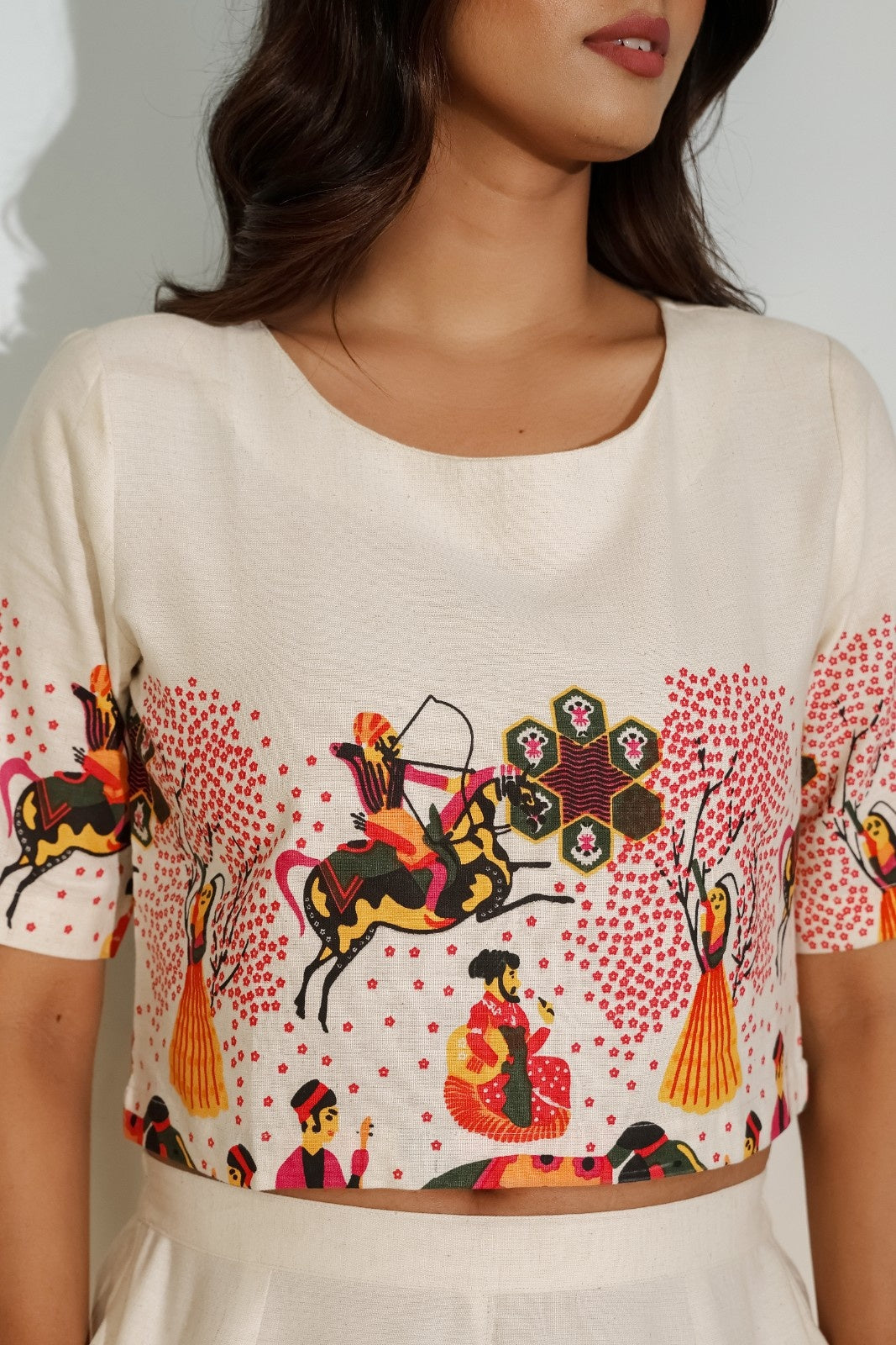 Women’s Creme Ethnic Print Co-ord Set – Stylish Crop Outfit