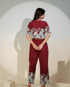 Maroon Floral Printed Co-ord Set for Women – Crop Top & Pants
