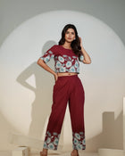 Maroon Floral Printed Co-ord Set for Women – Crop Top & Pants