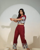 Maroon Floral Printed Co-ord Set for Women – Crop Top & Pants