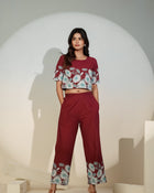 Maroon Floral Printed Co-ord Set for Women – Crop Top & Pants