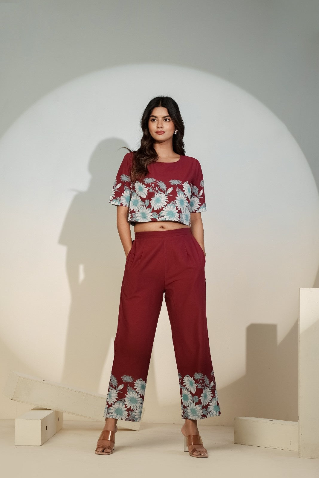 Maroon Floral Printed Co-ord Set for Women – Crop Top & Pants