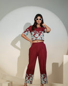 Maroon Floral Printed Co-ord Set for Women – Crop Top & Pants