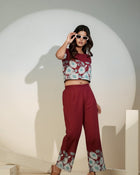 Maroon Floral Printed Co-ord Set for Women – Crop Top & Pants