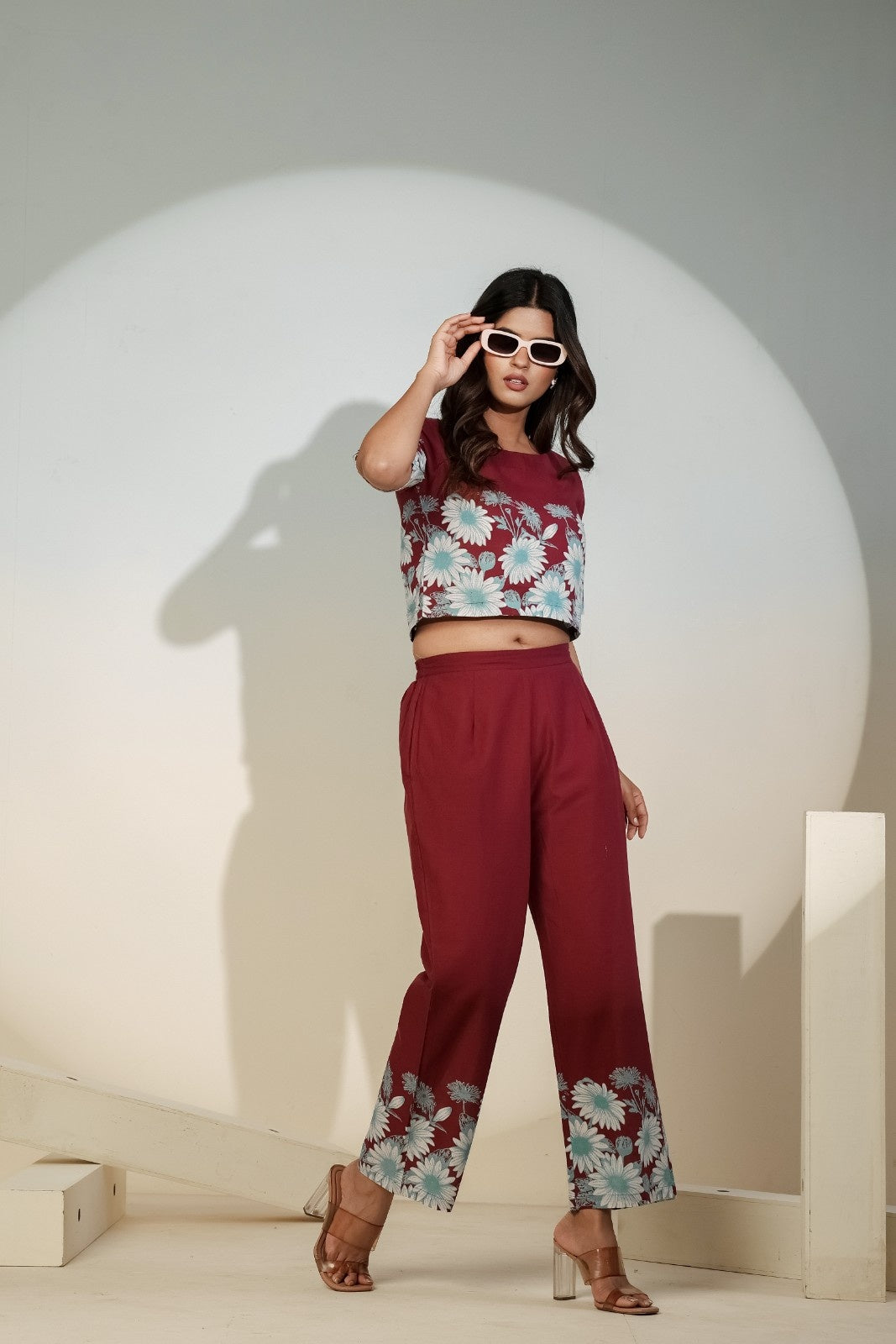 Maroon Floral Printed Co-ord Set for Women – Crop Top & Pants