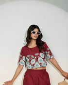 Maroon Floral Printed Co-ord Set for Women – Crop Top & Pants