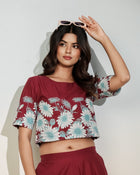 Maroon Floral Printed Co-ord Set for Women – Crop Top & Pants