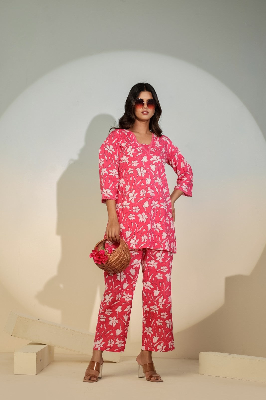 Pink Floral Co-Ord Set for Women – Casual Cotton Lounge Wear