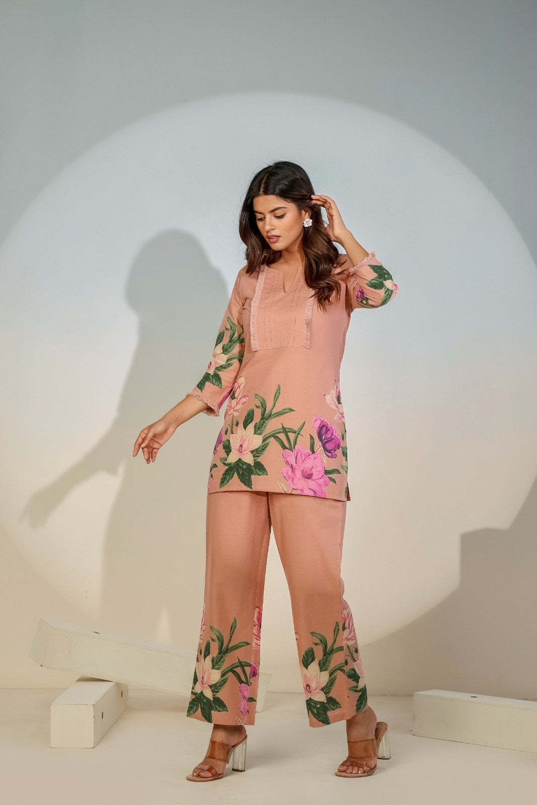 Peach Floral Co-Ord Set for Women – Elegant Printed Outfit