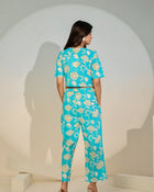 Turquoise Floral Printed Co-ord Set for Women – Crop Top & Pants