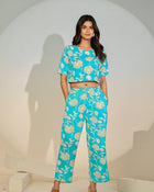 Turquoise Floral Printed Co-ord Set for Women – Crop Top & Pants