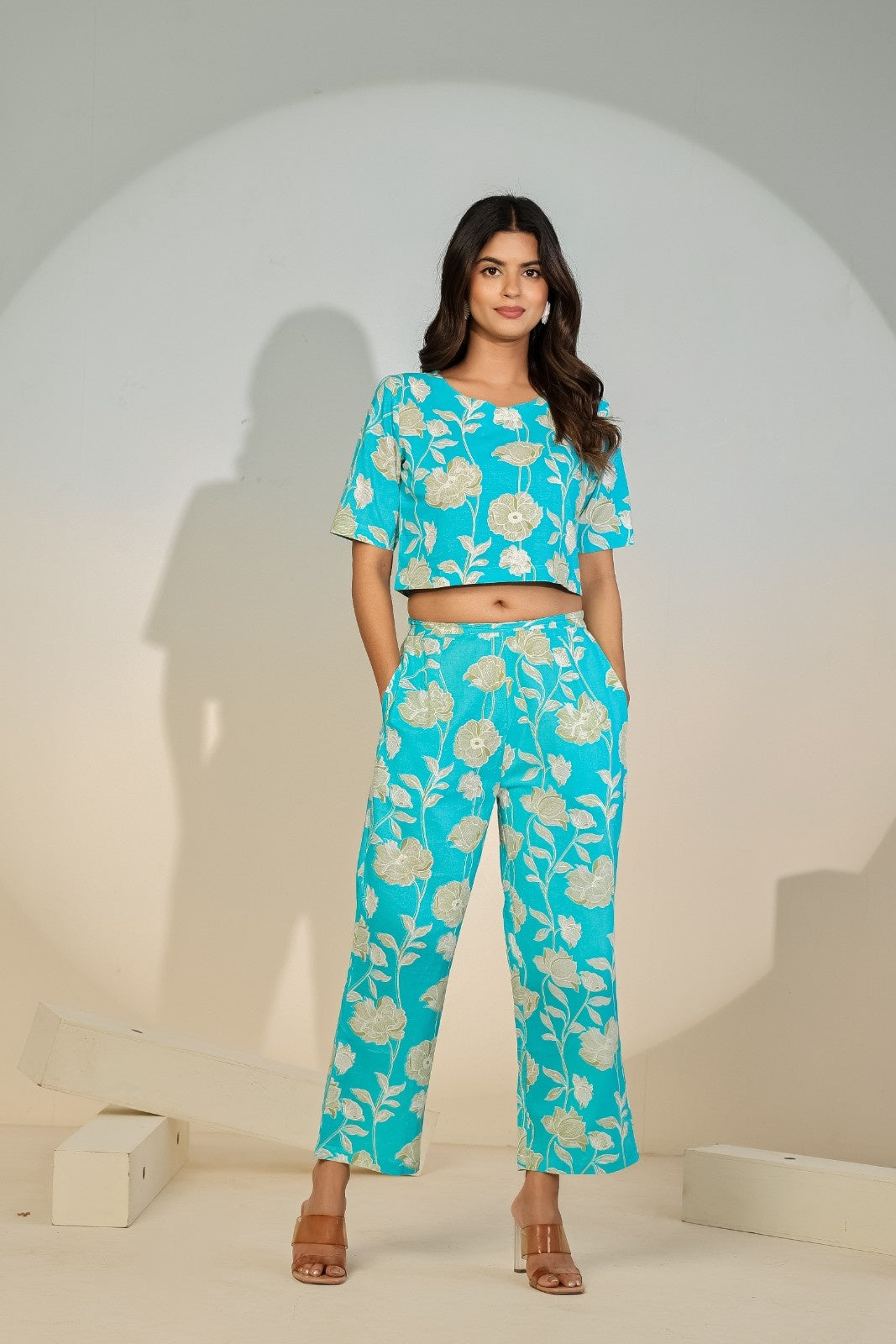 Turquoise Floral Printed Co-ord Set for Women – Crop Top & Pants