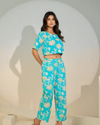 Turquoise Floral Printed Co-ord Set for Women – Crop Top & Pants