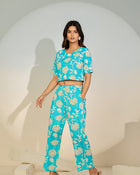 Turquoise Floral Printed Co-ord Set for Women – Crop Top & Pants